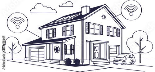 Smart home automation concept with connected house, wireless internet wifi signals, garage, and car in a simple line