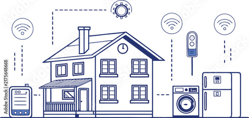 Smart home technology system with connected household appliances, wireless internet and smartphone remote control interface