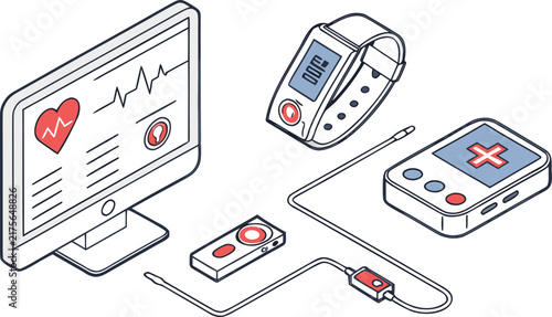 Digital healthcare monitoring system with wearable health tracker, heart rate monitor, and medical equipment in a line