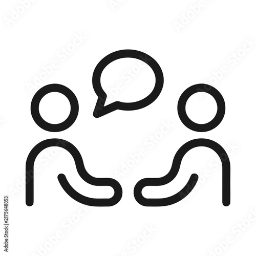 Communication icon, two people talking with a speech bubble, simple line art symbol for conversation and dialogue