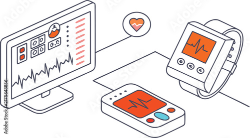 Digital health monitoring system with a computer screen showing heart rate data, a smartwatch, and a portable medical device on white background