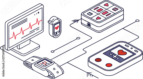 Medical health monitoring system with wearable devices, heart rate monitor, and digital data connectivity in a line