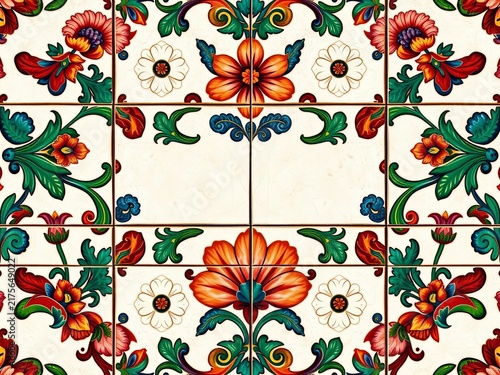 Intricate Spanish tile design with floral motifs, decorative accent, vector elements