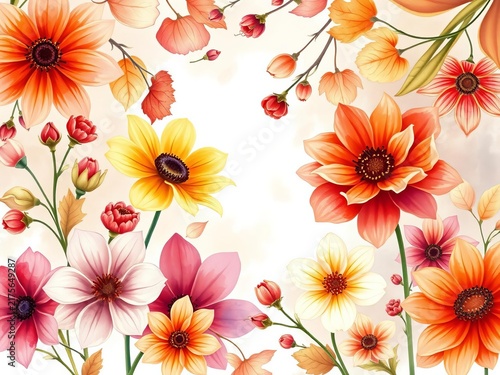 Watercolor illustration of fall flowers in autumn hues, ||flowers, ribbon