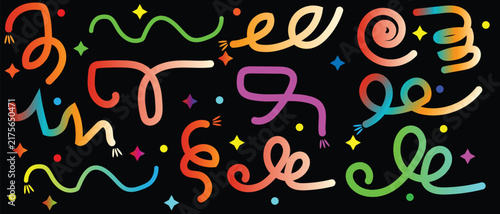 Abstract colorful ribbon shapes with sparkles for festive invitation background design.
