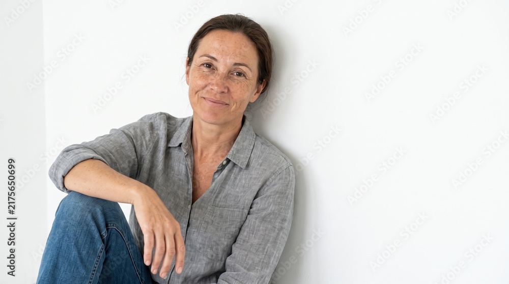 Obraz premium Smiling middle aged woman leaning against white wall