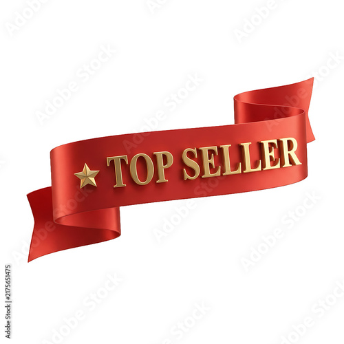 Realistic red ribbon banner with gold text top seller and star isolated on transparent background