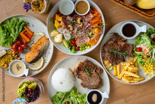 Variety of fusion food for lunch.Top looking down.