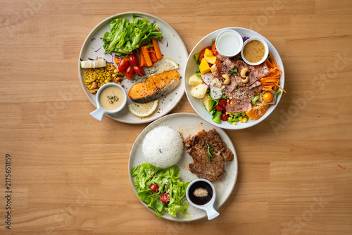 Variety of fusion food for lunch.Top looking down.