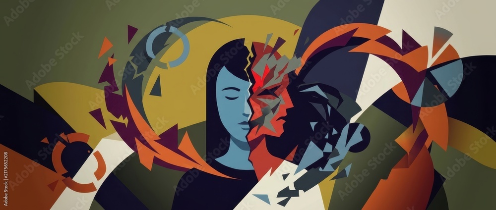 Obraz premium Mental health concept featuring a fractured human face with emotional split and inner turmoil