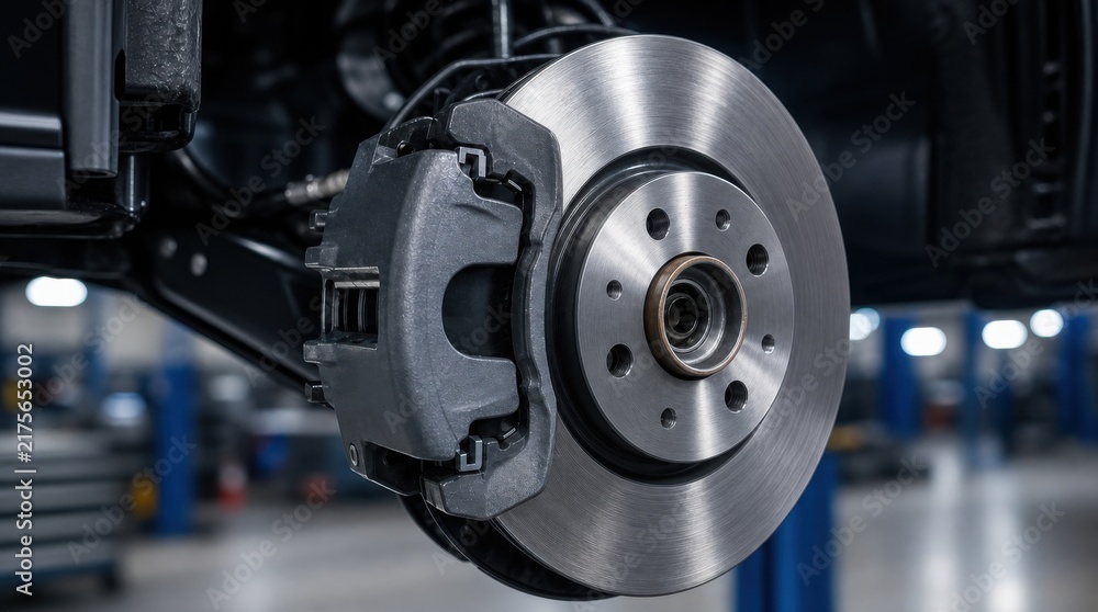Fototapeta premium Close-up of a car brake disc and caliper in a workshop setting, highlighting the metallic components and precise engineering.