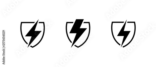 Electric power shield icon. Energy protection symbol. Lightning security sign