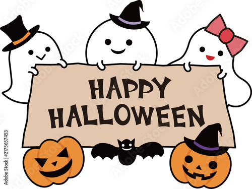 HAPPY HALLOWEENの木製看板を掲げる可愛いおばけとカボチャ