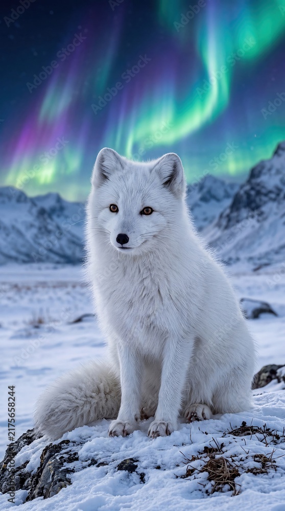 Fototapeta premium White Arctic Fox with Aurora Borealis in Winter Wilderness