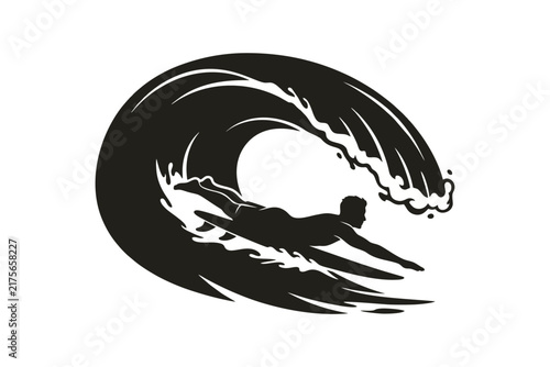 Photography Surfer duck diving under a wave, lying low on surfboard with arms extended forwa