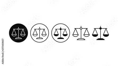 justice balance scale icon collection in outline and solid styles, legal law symbol set, courtroom equality concept, modern minimalist graphic design element