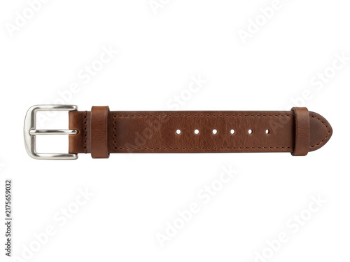 Brown leather watch strap with silver buckle and evenly spaced rivets on a neutral background.