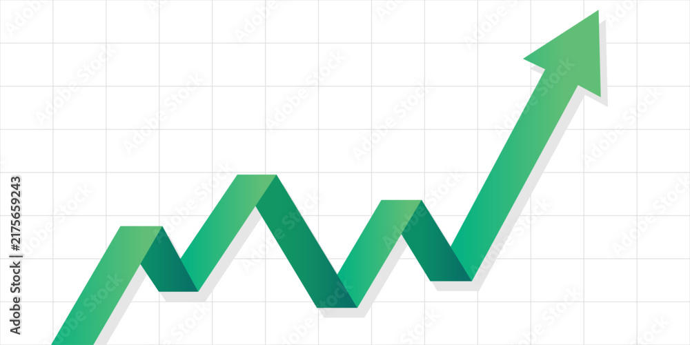 Obraz premium Green business growth arrow line graph vector illustration, upward trend stock chart on grid white background with copy space for financial success presentation slide, profit report, and banner.
