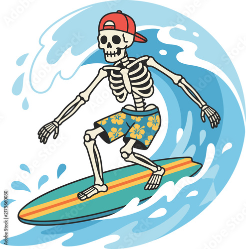 Fun cartoon vector illustration of a skeleton wearing a red baseball cap and floral swim trunks, surfing on a striped surfboard through a large curling ocean wave, blending Halloween and summer beach 