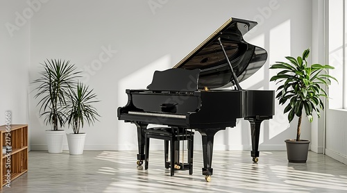 Elegant Black Grand Piano in a Bright Minimalist Interior Room with Potted Plants