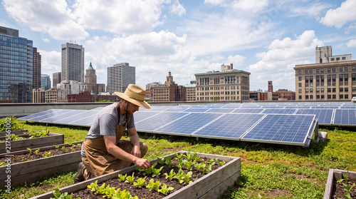 Urban rooftop garden with solar panels and gardener tending seedlings under partly cloudy sky in cityscape