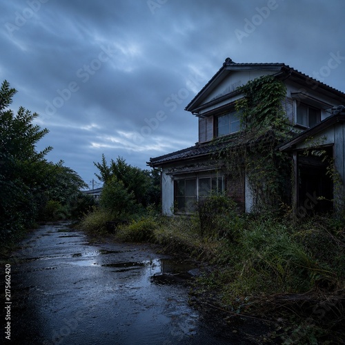 Square abandoned detached Japanese house with an overgrown garden