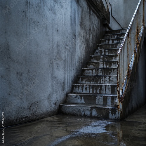 Square weathered stairwell inside an abandoned Japanese building