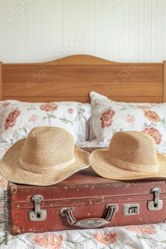 Two straw sun hats rest on a vintage suitcase on a bed