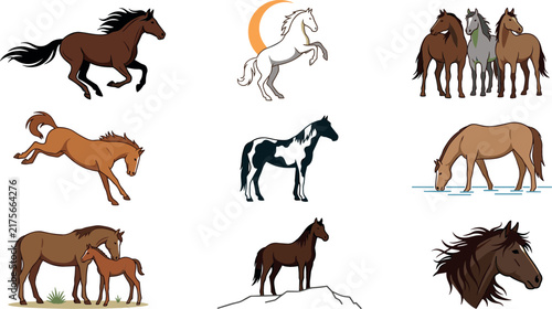 Galloping Wild Mustang Silhouette Set Vector Featuring Running Horse Motion Poses Fast Trotting Steeds Grazing Appaloosa and Nuzzling Foal Clipart Elements