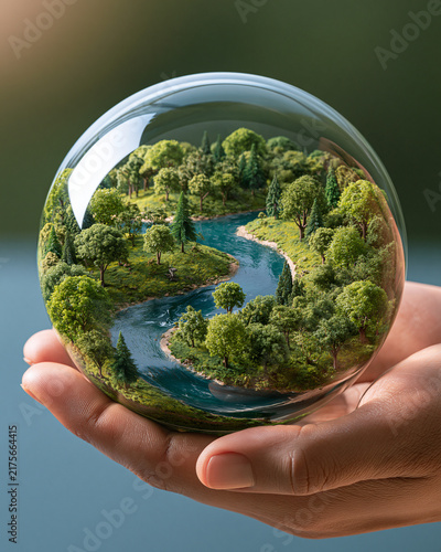 Surreal environmental concept, human hand holding a miniature green forest inside a transparent glass sphere, tiny river and trees, soft natural sunlight, clean background, sustainability storytelling