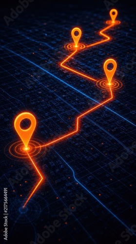 A glowing digital map displays a neon orange route connecting multiple location pins on a dark grid background, symbolizing navigation or tracking.