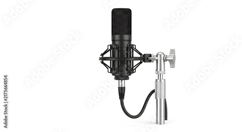 Black microphone on stand with pop filter