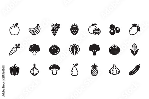 Fresh Fruits and Vegetables Icon Set