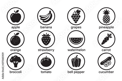 Fresh Fruits and Vegetables Icon Set