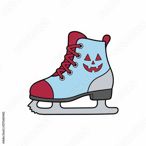 Light Blue Halloween Ice Skate Vector Illustration with Red Laces and Jack-o'-Lantern Pumpkin Face Concept
