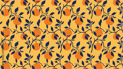 Vibrant orange fruit vector illustration featuring artistic branches with dark blue leaves on textured yellow backdrop