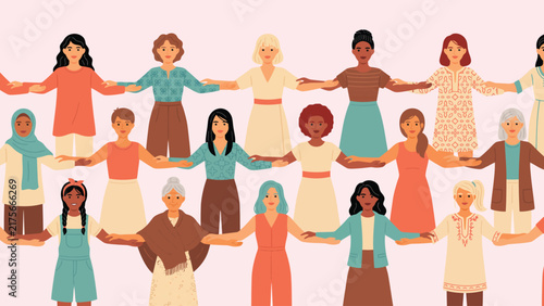 Diverse women holding hands together in a flat vector illustration depicting unity equality and community collaboration