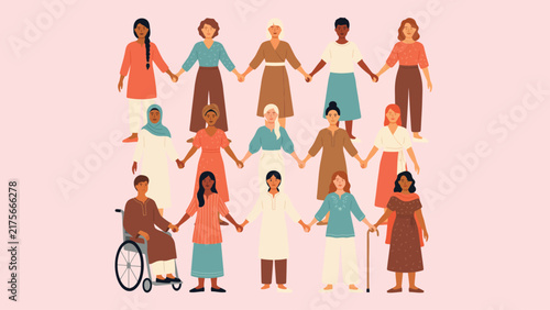 Diverse group of women holding hands together in a flat vector illustration design for community