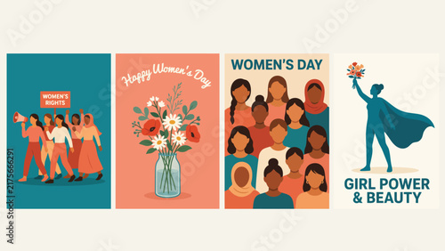 Four vibrant vector illustrations celebrating international women day with diverse female groups and floral artistic elements