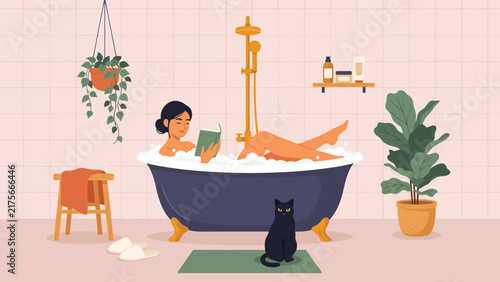 Relaxed woman reading book inside bathtub with foam bubbles in this stylized modern vector art illustration