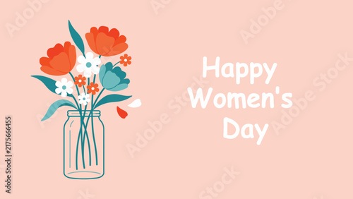 Floral vector illustration showing a decorative glass jar filled with colorful spring flowers for womens day