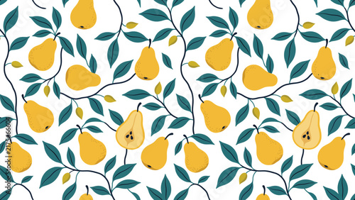 Seamless vector pattern illustration featuring yellow pears and dark green foliage on a white backdrop