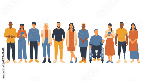 Diverse group of modern people standing together as a flat vector illustration with vibrant colorful clothing