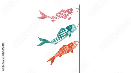Colorful koinobori carp streamer vector illustration featuring three decorative fish hanging from a tall vertical pole