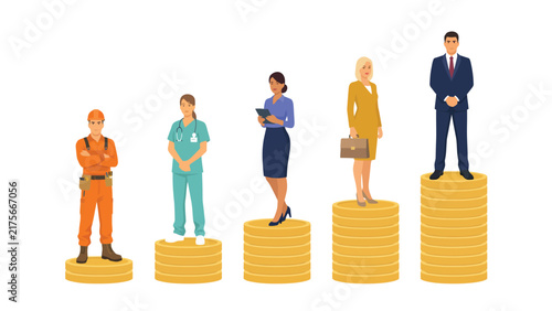 Diverse professionals standing on rising stacks of golden coins in this flat vector illustration style graphic