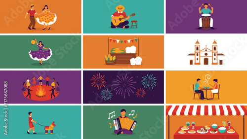 Vibrant vector illustration showcasing colorful Brazilian cultural elements for traditional June festive celebration and joyful events