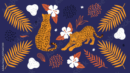 Stylized leopard vector illustration featuring exotic palm leaves and vibrant tropical flowers on navy background