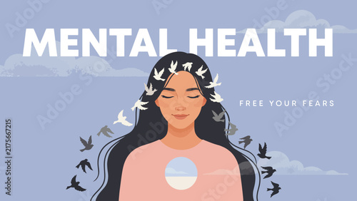 Serene woman portrait with flying birds vector illustration symbolizing mental health freedom and inner peace awareness