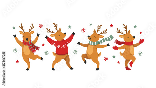 Happy dancing reindeer wearing cozy winter scarves and sweaters in this colorful flat vector illustration design
