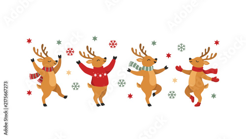 Happy cartoon reindeer dancing in festive winter sweaters and scarves vector illustration for seasonal holiday greeting